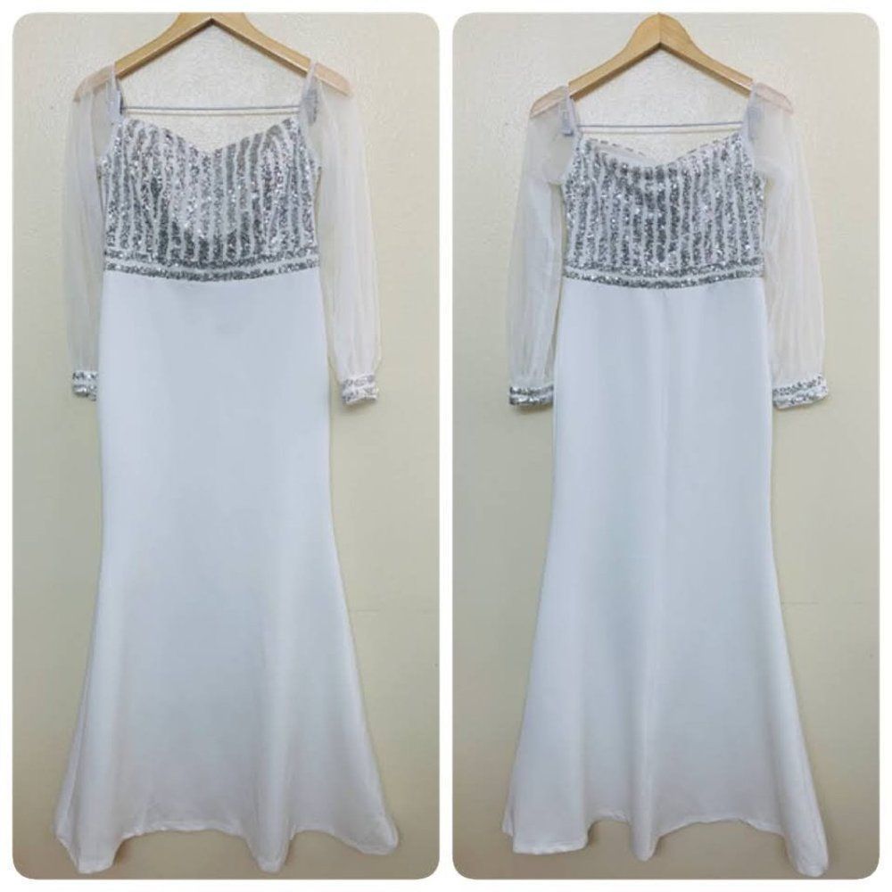 Ever-Pretty Cold Shoulder Sequin Dress Mermaid Scuba Sz 10 White 0711 - Picture 3 of 10